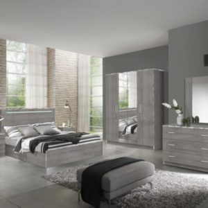 Nives hálószoba (franciaágy keret LED világítással, 2 db éjjeliszekrény, komód, tükör, 4-ajtós szekrény)